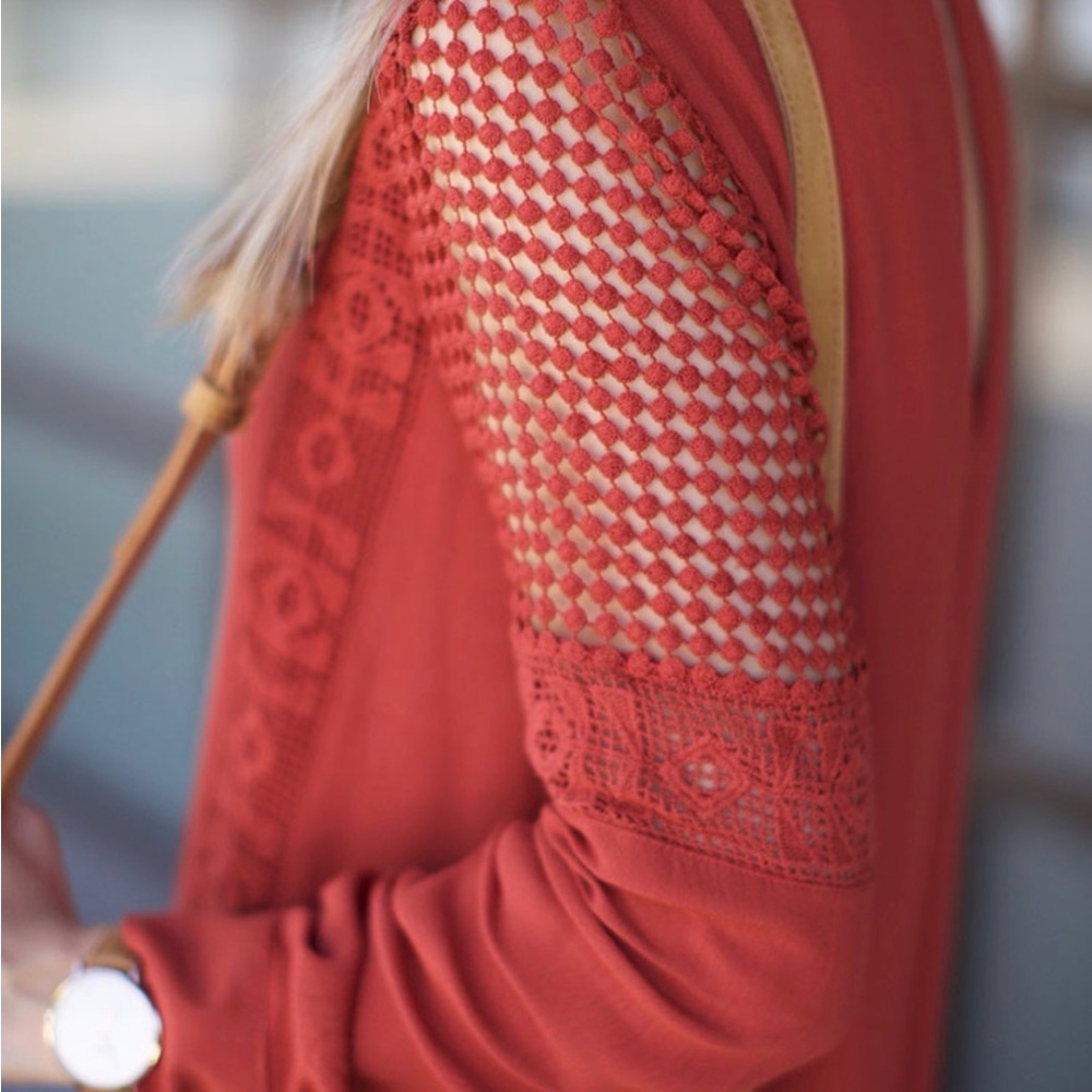 Rustyorange ASTR the Label long-sleeve shift dress crochet & embroidery large - Picture 2 of 7